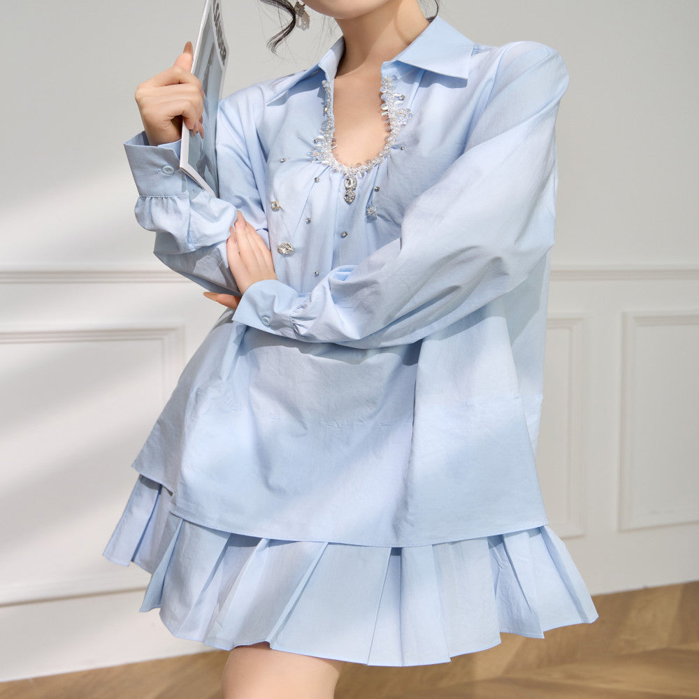 Plum Jan Summer Mint Green Wear Korean Fake Two Piece Nail Beaded Shirt Splicing Hundred Fold Age Reducing Dress image 5