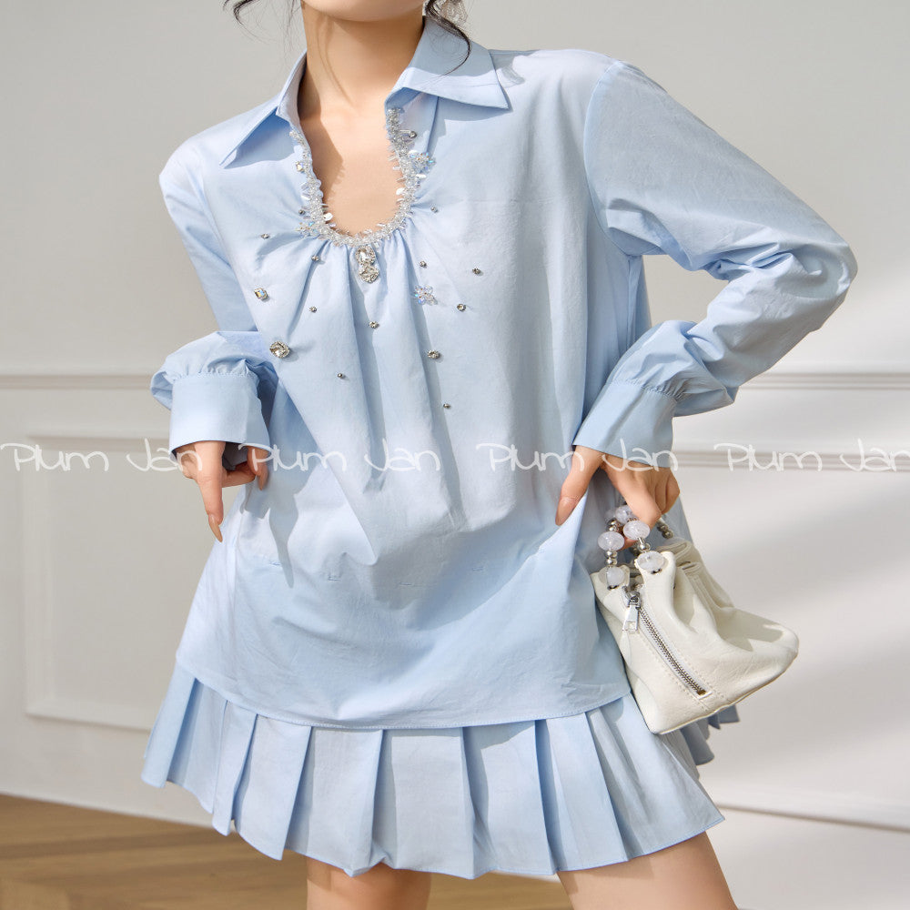Plum Jan Summer Mint Green Wear Korean Fake Two Piece Nail Beaded Shirt Splicing Hundred Fold Age Reducing Dress image 10