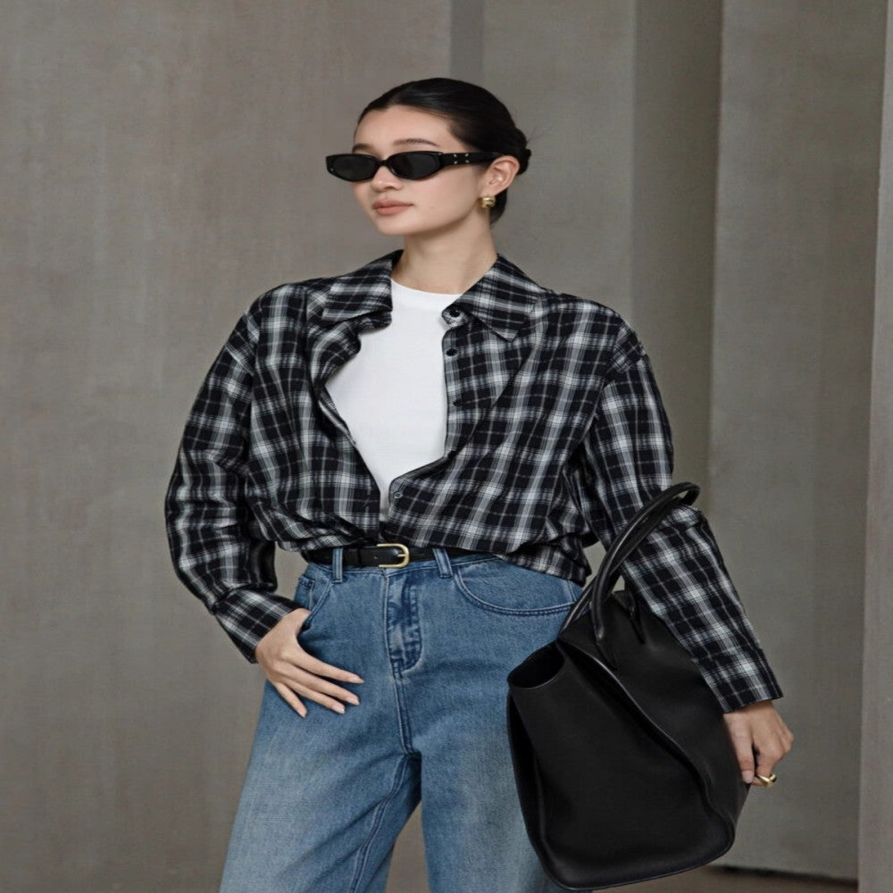 Retro Money Feng Shui Ink Grid Loose Collar Long Sleeve Shirt Collar Top Women s Cotton Autumn Winter Shirt 4008 image 2