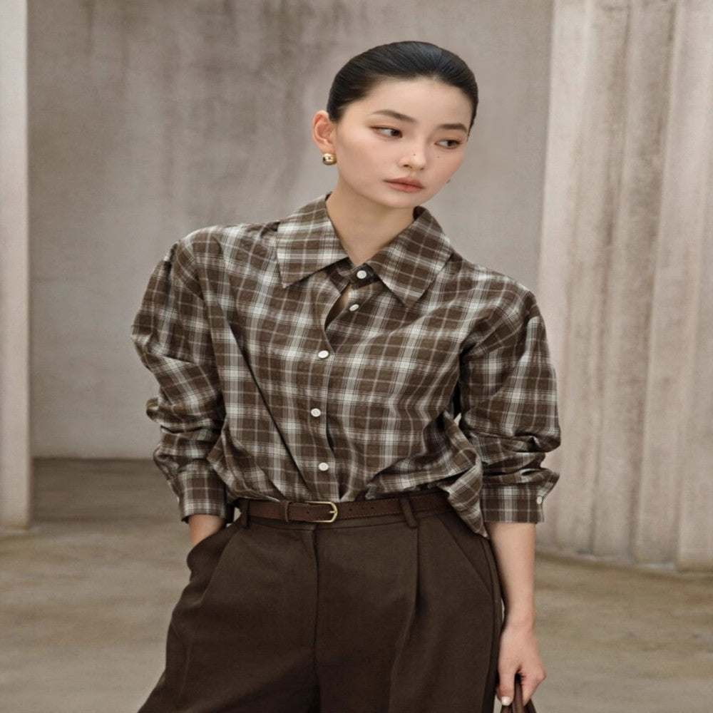 Retro Money Feng Shui Ink Grid Loose Collar Long Sleeve Shirt Collar Top Women s Cotton Autumn Winter Shirt 4008 image 3