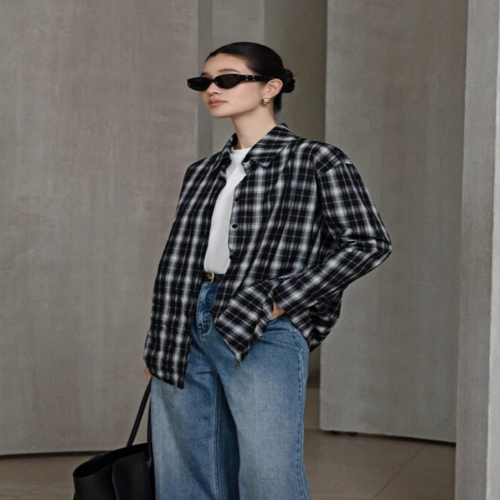 Retro Money Feng Shui Ink Grid Loose Collar Long Sleeve Shirt Collar Top Women s Cotton Autumn Winter Shirt 4008 image 4