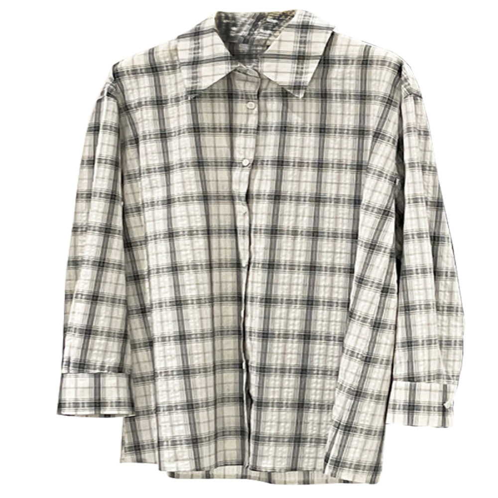 Retro Money Feng Shui Ink Grid Loose Collar Long Sleeve Shirt Collar Top Women s Cotton Autumn Winter Shirt 4008 image 5