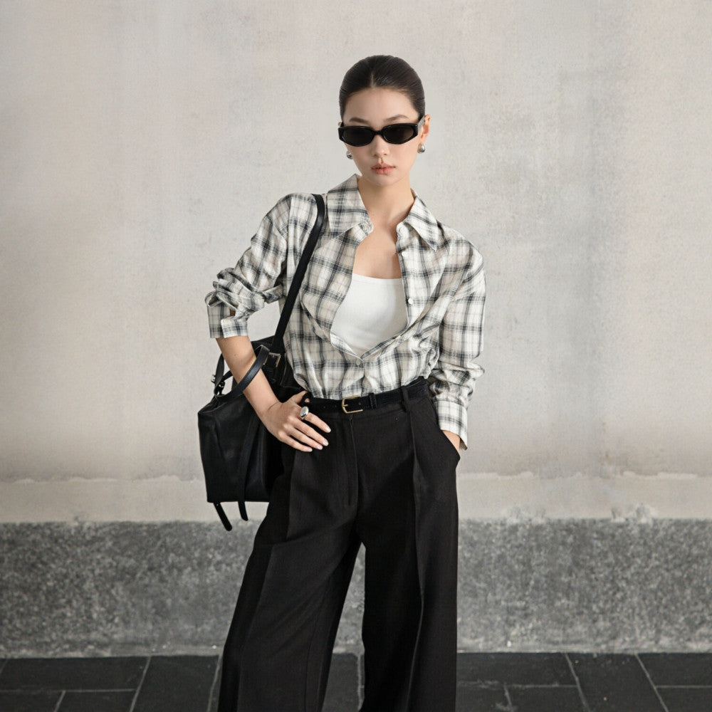 Retro Money Feng Shui Ink Grid Loose Collar Long Sleeve Shirt Collar Top Women s Cotton Autumn Winter Shirt 4008 image 11