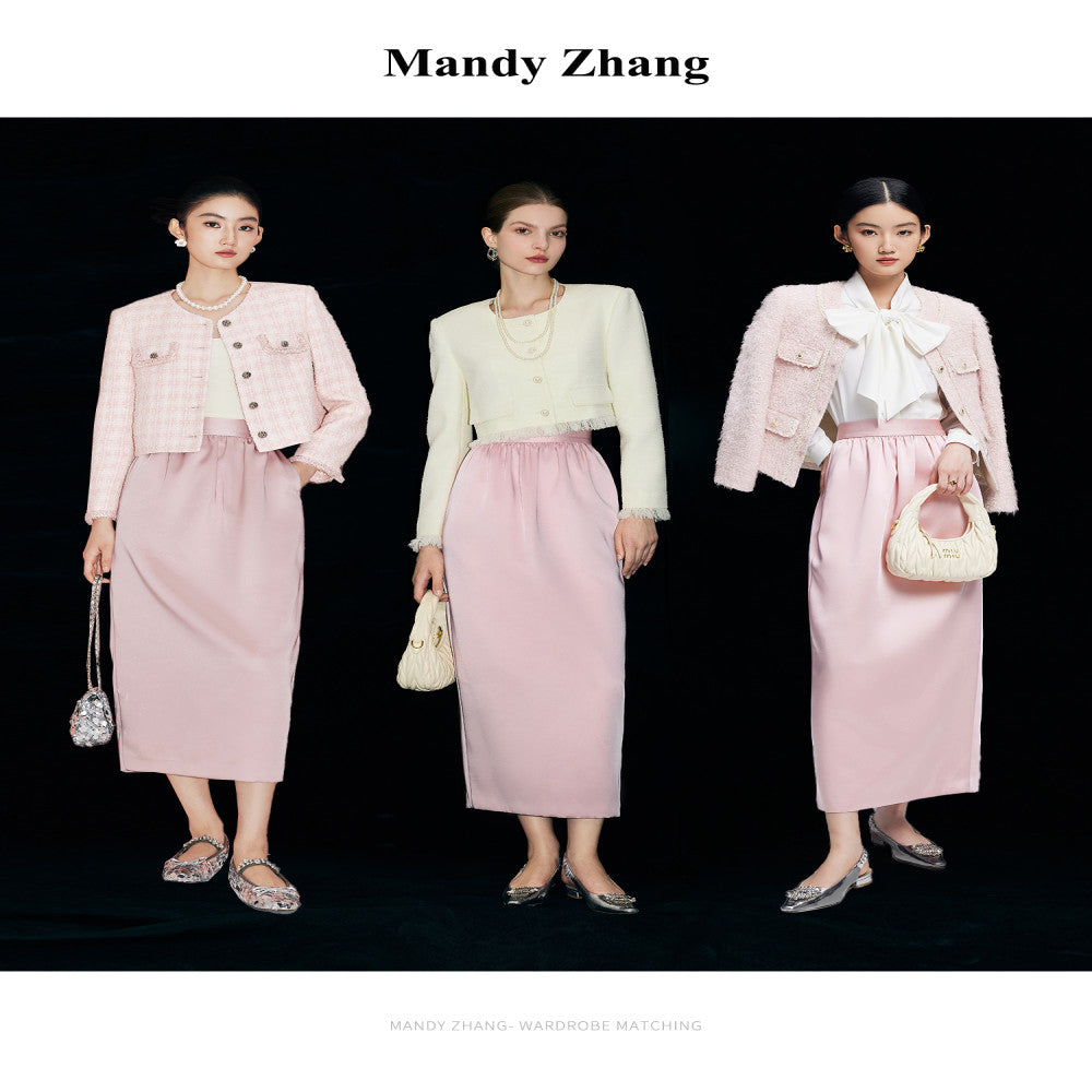 MandyZhang French retro high end satin flower bud straight skirt women s autumn and winter pink slim long skirt image 2