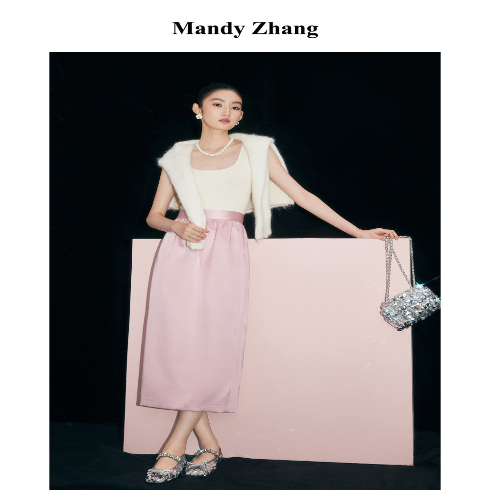 MandyZhang French retro high end satin flower bud straight skirt women s autumn and winter pink slim long skirt image 3