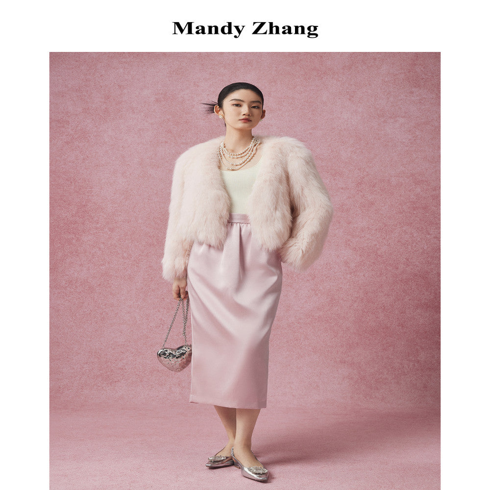 MandyZhang French retro high end satin flower bud straight skirt women s autumn and winter pink slim long skirt image 4