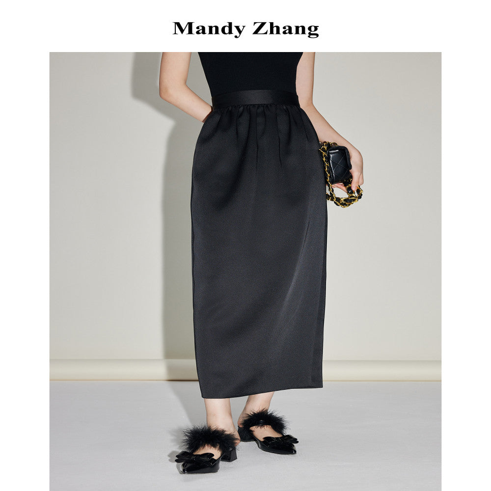 MandyZhang French retro high end satin flower bud straight skirt women s autumn and winter pink slim long skirt image 5
