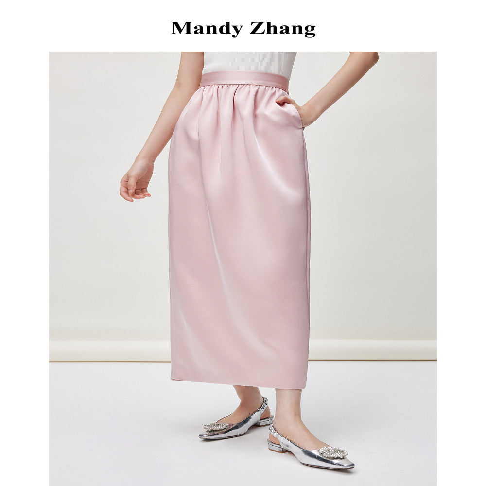 MandyZhang French retro high end satin flower bud straight skirt women s autumn and winter pink slim long skirt image 0
