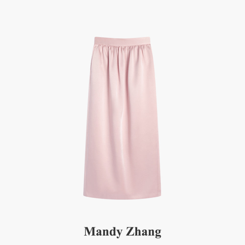 MandyZhang French retro high end satin flower bud straight skirt women s autumn and winter pink slim long skirt image 9