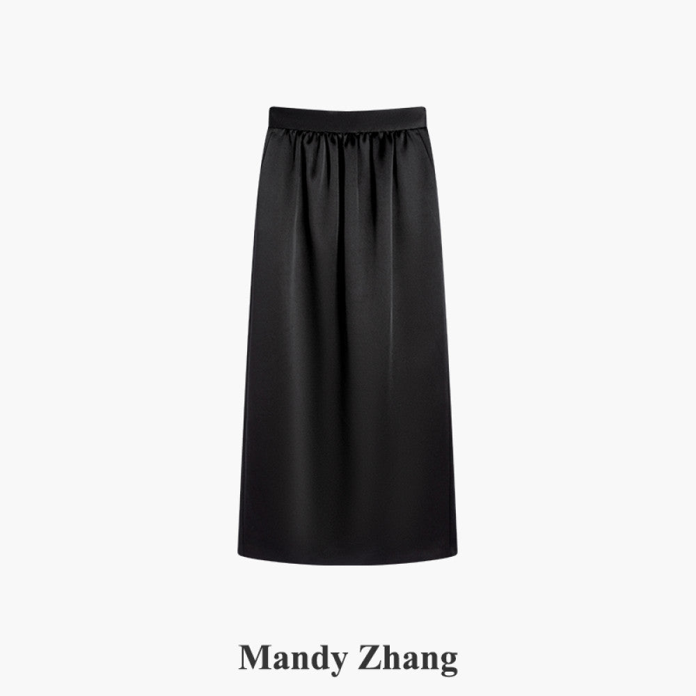 MandyZhang French retro high end satin flower bud straight skirt women s autumn and winter pink slim long skirt image 14