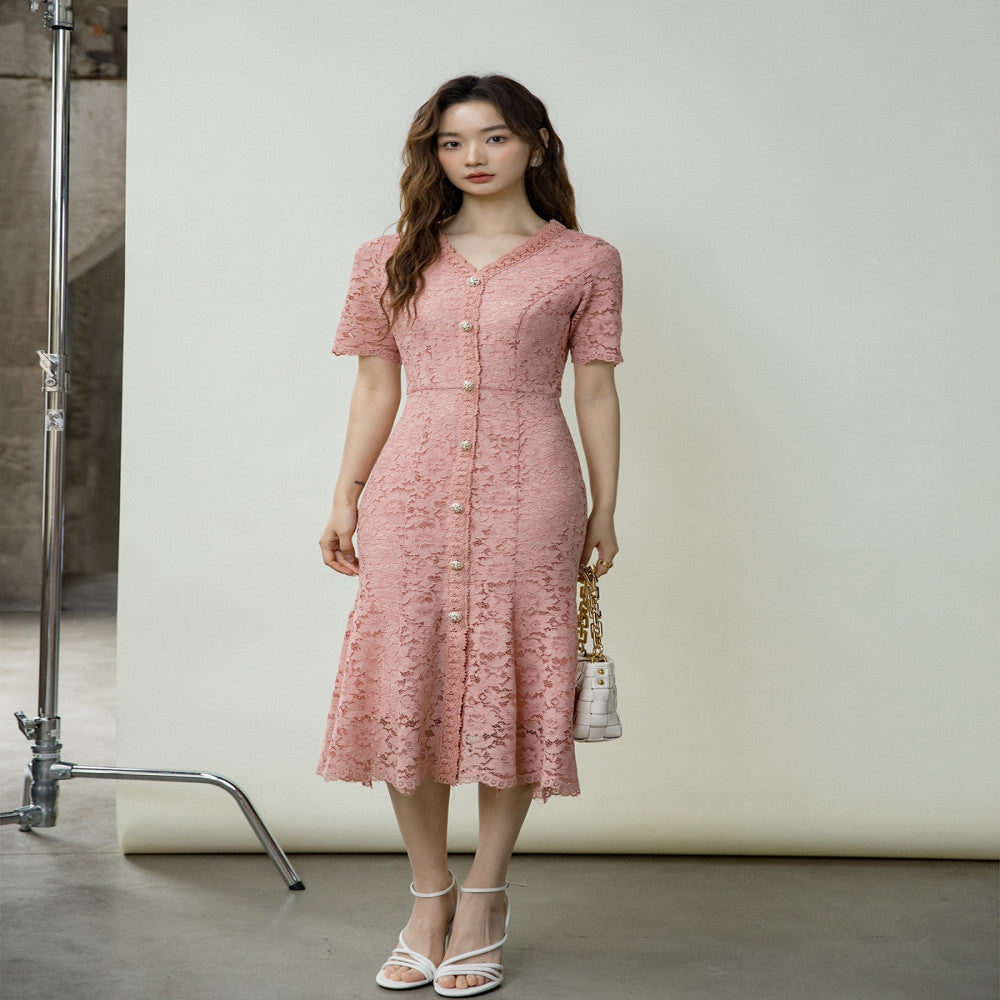 Thin V neck Autumn socialite Hepburn pink lace gentle dress for women stylish and slimming temperament fishtail skirt 434 image 2