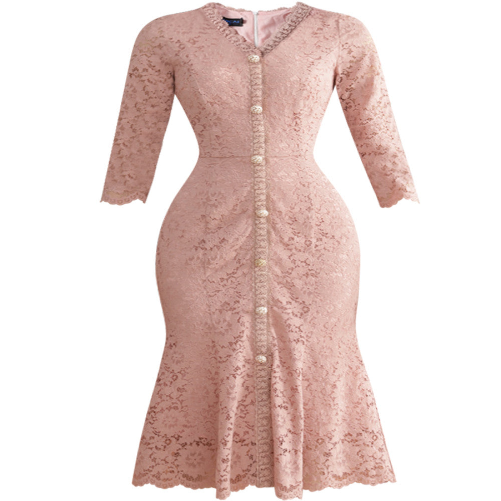 Thin V neck Autumn socialite Hepburn pink lace gentle dress for women stylish and slimming temperament fishtail skirt 434 image 5