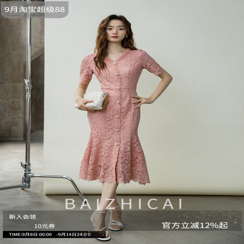 Thin V neck Autumn socialite Hepburn pink lace gentle dress for women stylish and slimming temperament fishtail skirt 434 image 0