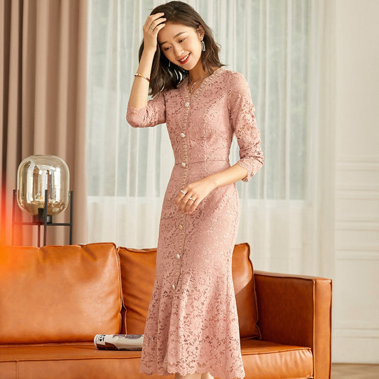 ASAYA2811 High-end V-neck autumn and winter socialite Hepburn pink lace gentle dress