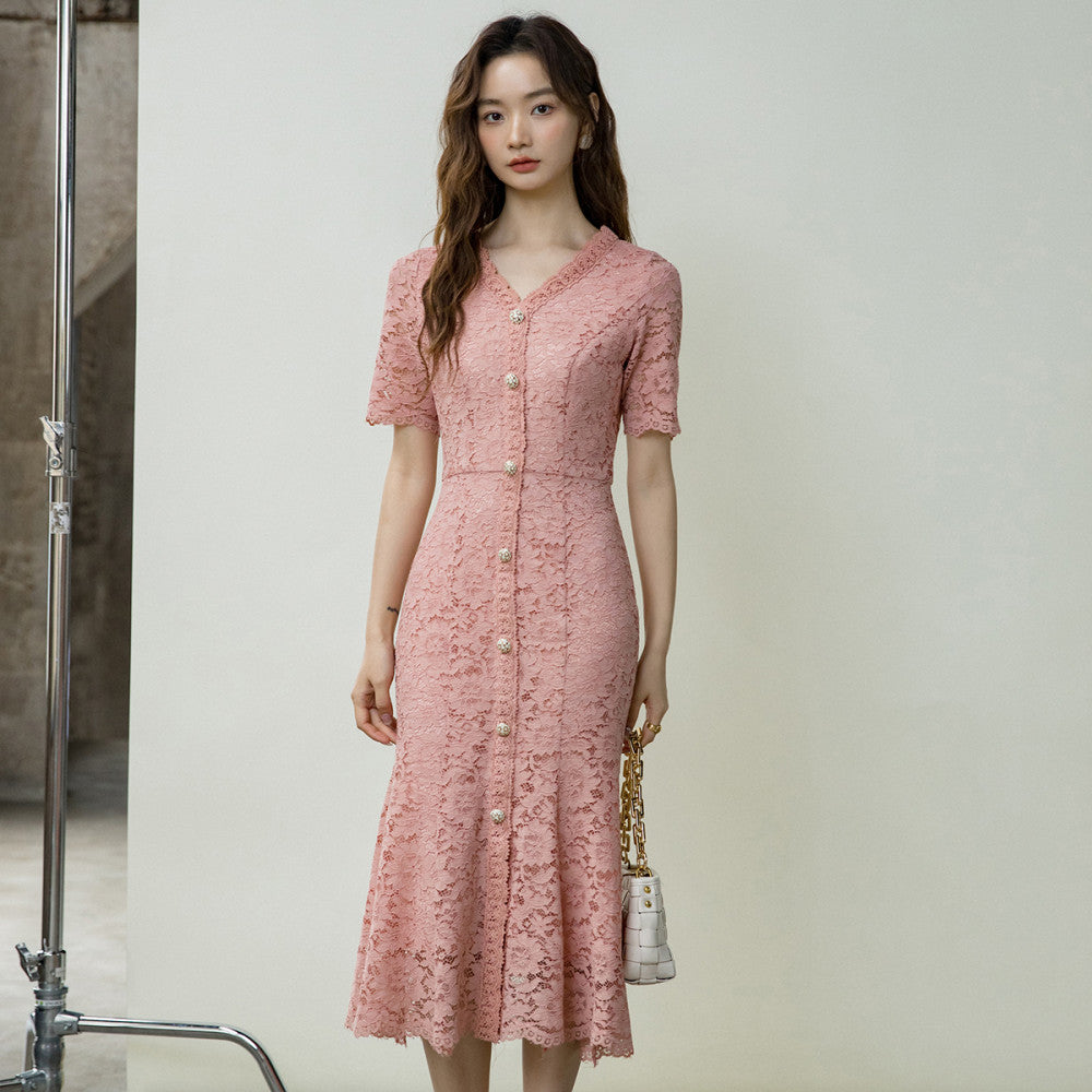 Thin V neck Autumn socialite Hepburn pink lace gentle dress for women stylish and slimming temperament fishtail skirt 434 image 25