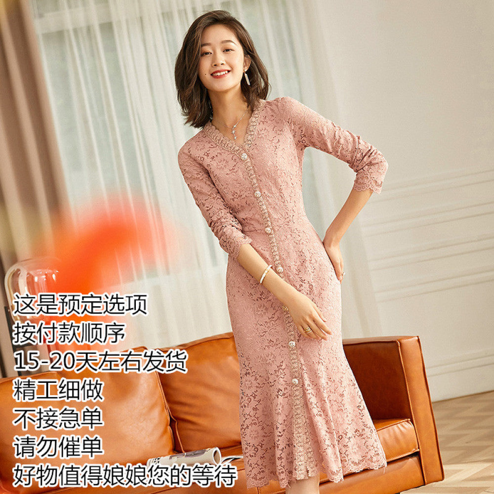 Thin V neck Autumn socialite Hepburn pink lace gentle dress for women stylish and slimming temperament fishtail skirt 434 image 35