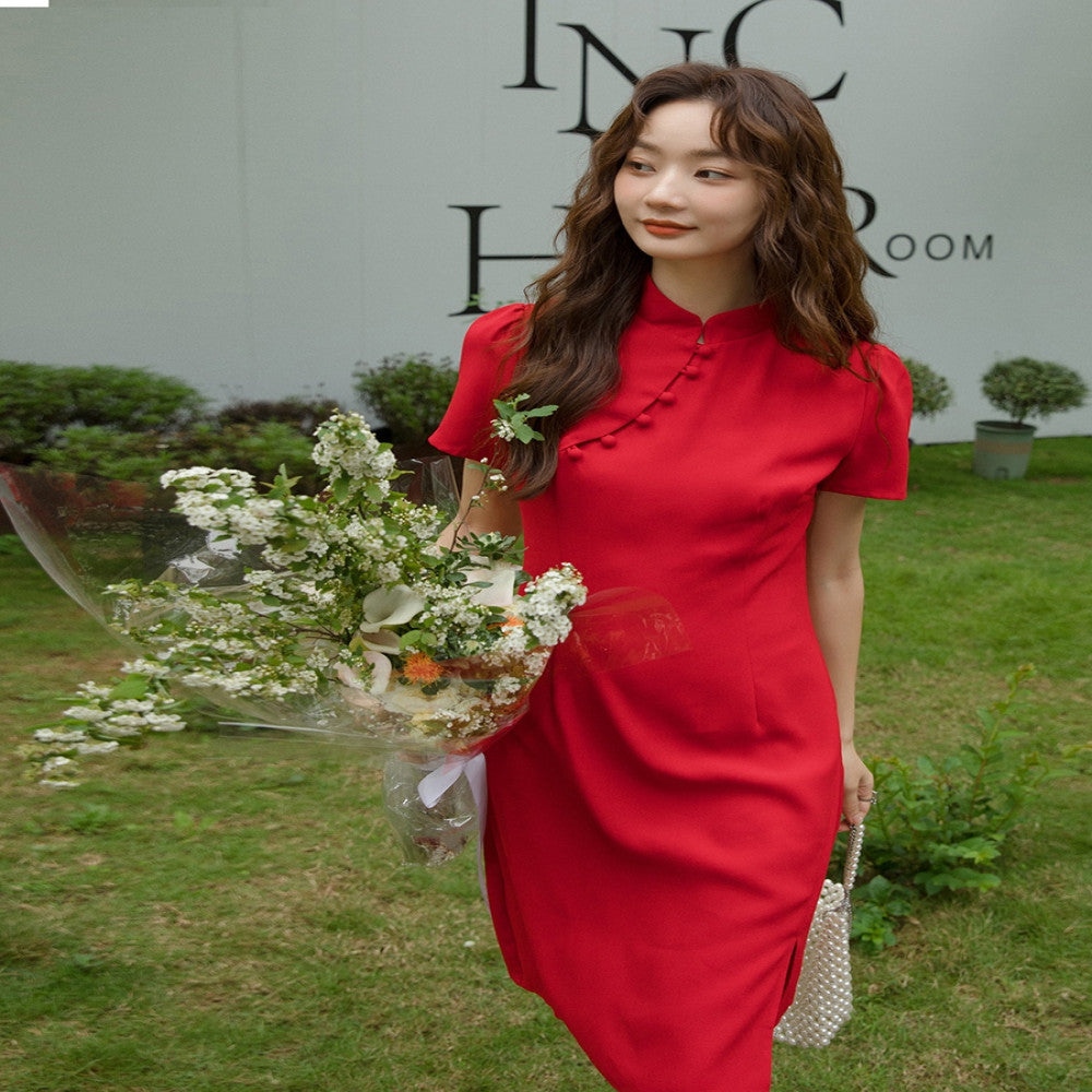 Chinese China Chic retro 2547 beauty red dress Spring and autumn improved cheongsam can wear short sleeved chiffon skirt everyday image 2