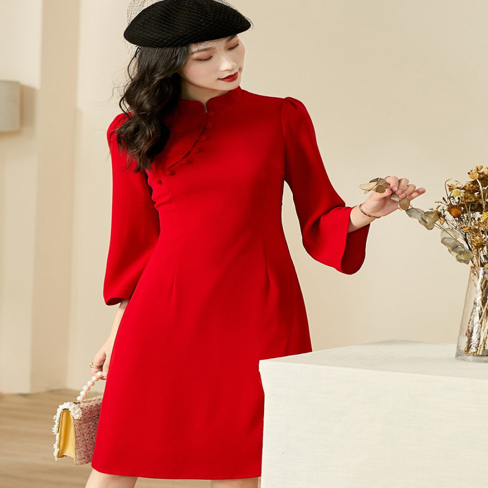 Chinese China Chic retro 2547 beauty red dress Spring and autumn improved cheongsam can wear short sleeved chiffon skirt everyday image 3