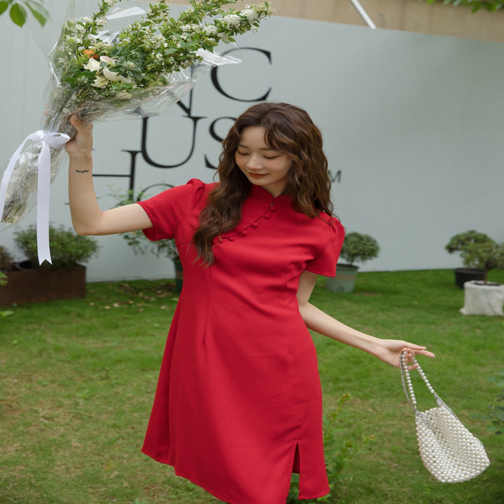 Chinese China Chic retro 2547 beauty red dress Spring and autumn improved cheongsam can wear short sleeved chiffon skirt everyday image 4