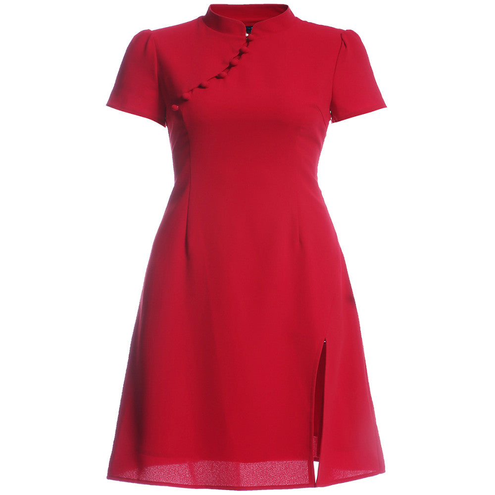 Chinese China Chic retro 2547 beauty red dress Spring and autumn improved cheongsam can wear short sleeved chiffon skirt everyday image 5