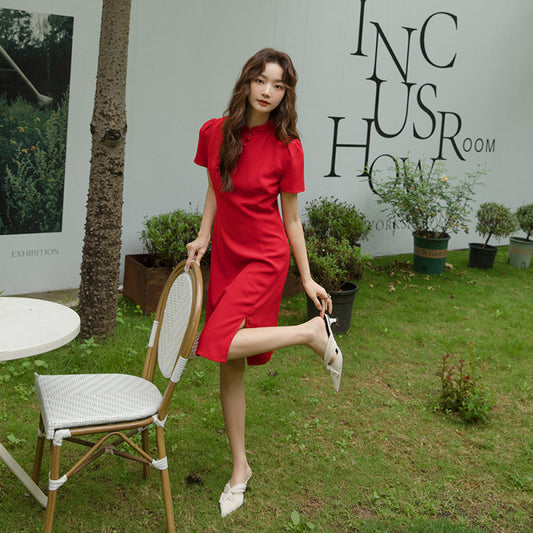 ASAYA2807 Autumn and winter improved cheongsam daily wearable short-sleeved chiffon dress