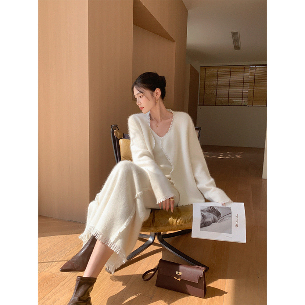 Customized white three piece set for dimples women s 2025 autumn new sleeveless vest top jacket high waisted skirt image 12