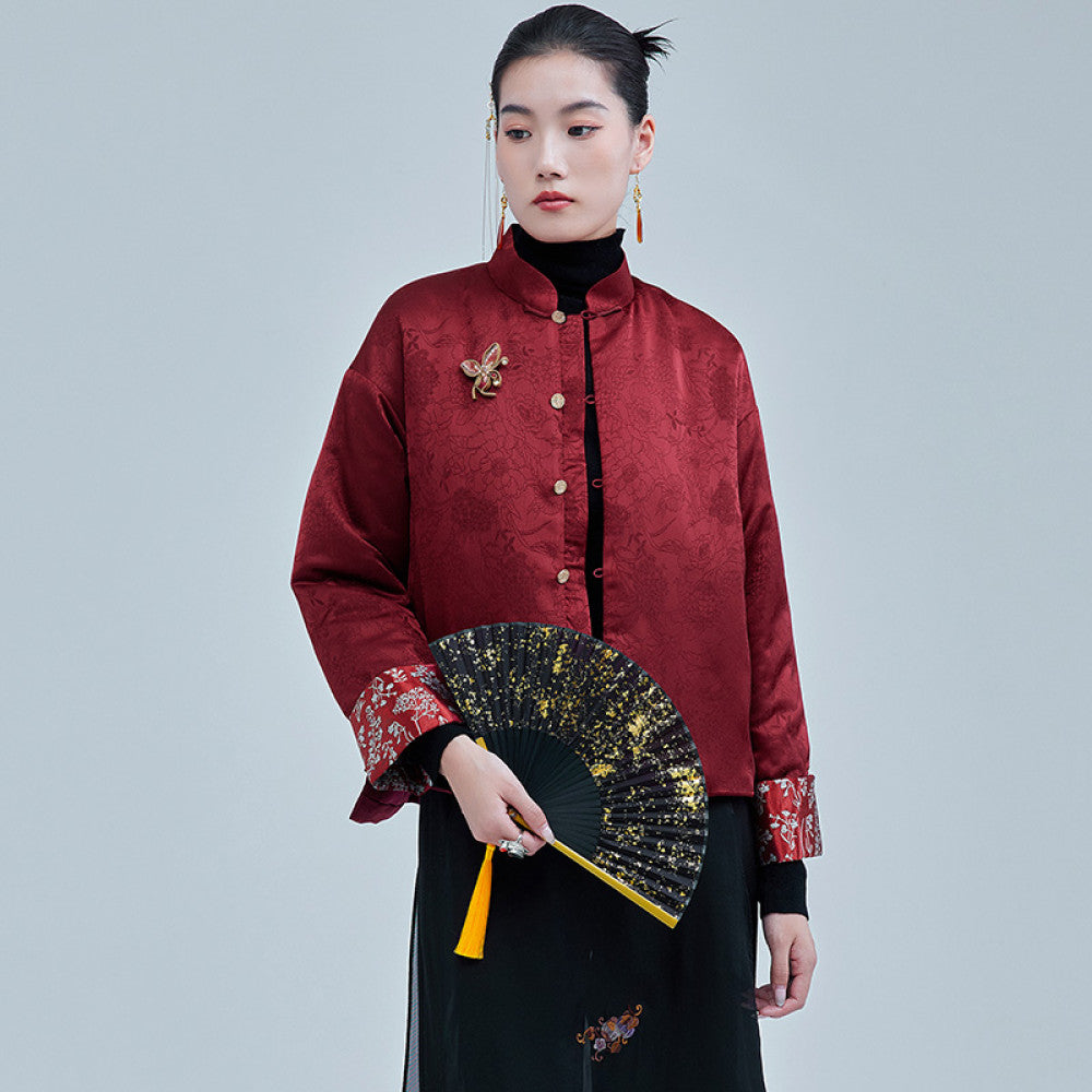 Moyu 2024 Autumn Winter New Chinese Style Retro Jacquard Segment Cotton Jacket New Chinese Red Tang Top Coat image 8