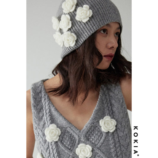 ASAYA2791 Australian wool knitted beanie camellia three-dimensional hand-crocheted winter warmth