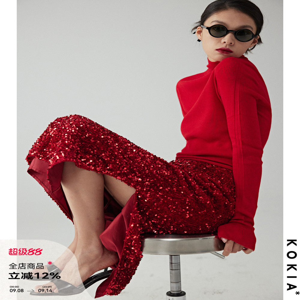 KOKIA Spot Pomegranate Red Velvet Stereoscopic Glitter Light Dress Straight Split Double Layer Skirt image 1