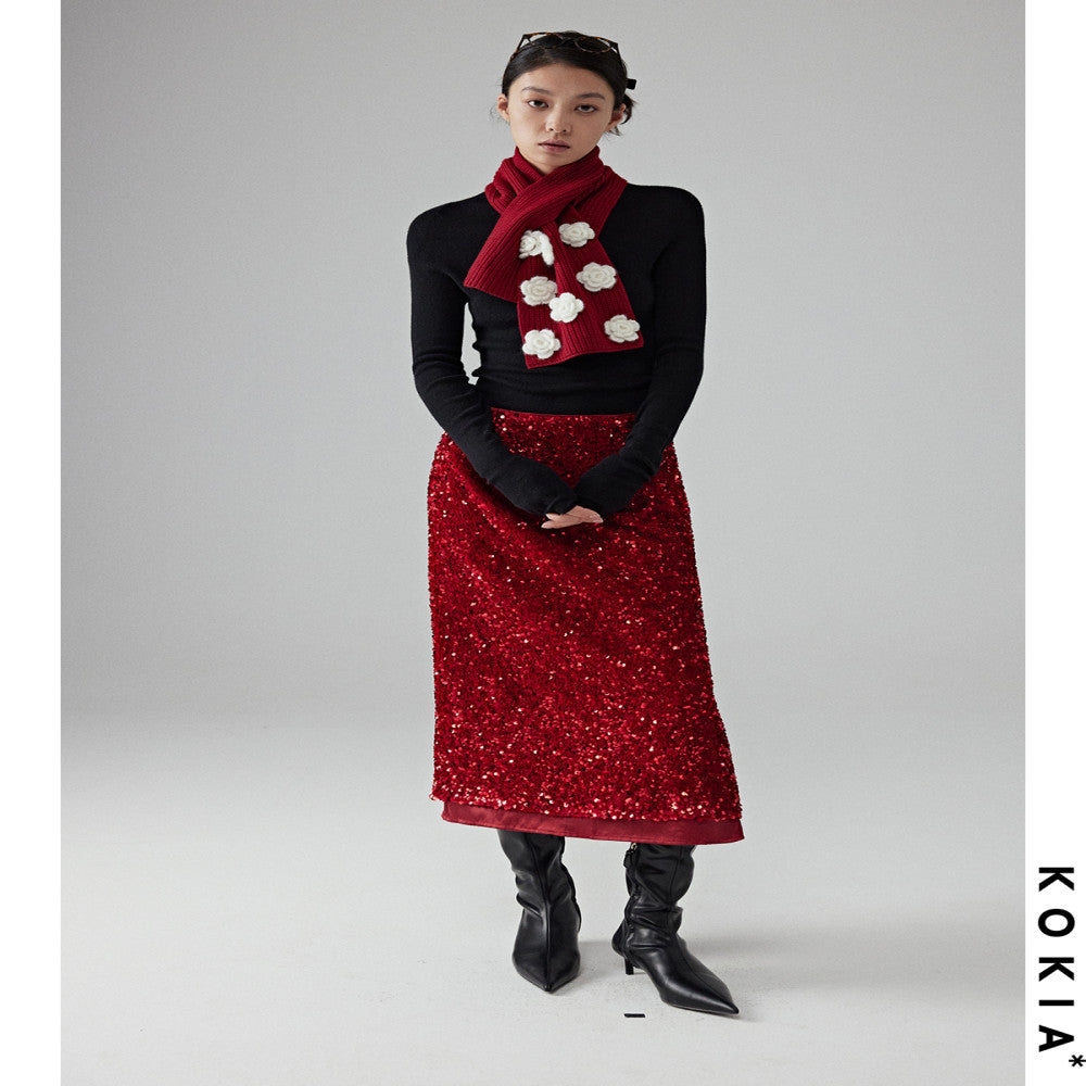 KOKIA Spot Pomegranate Red Velvet Stereoscopic Glitter Light Dress Straight Split Double Layer Skirt image 2