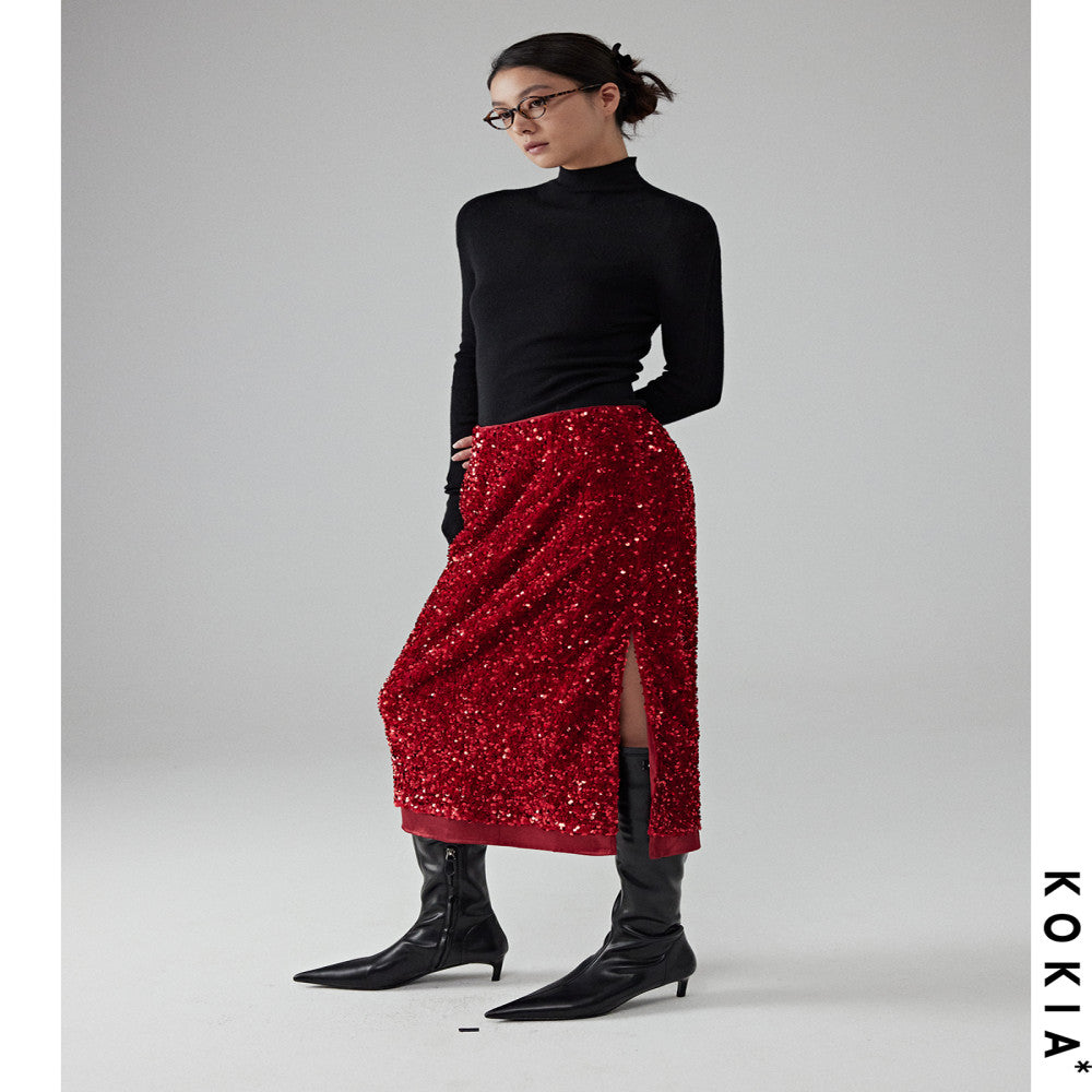 KOKIA Spot Pomegranate Red Velvet Stereoscopic Glitter Light Dress Straight Split Double Layer Skirt image 3