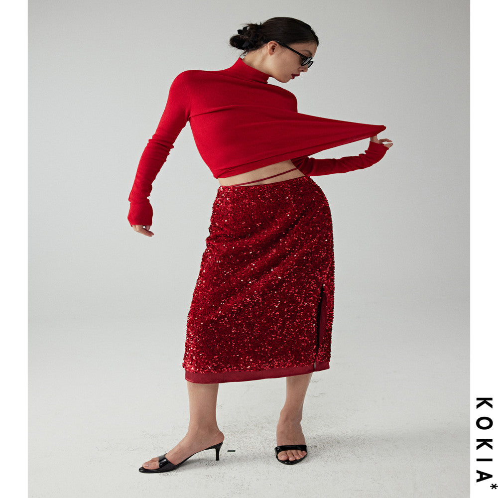 KOKIA Spot Pomegranate Red Velvet Stereoscopic Glitter Light Dress Straight Split Double Layer Skirt image 4
