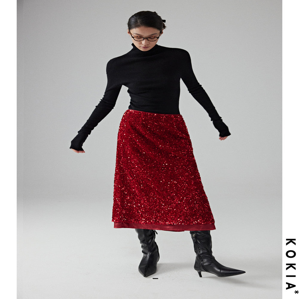 KOKIA Spot Pomegranate Red Velvet Stereoscopic Glitter Light Dress Straight Split Double Layer Skirt image 5