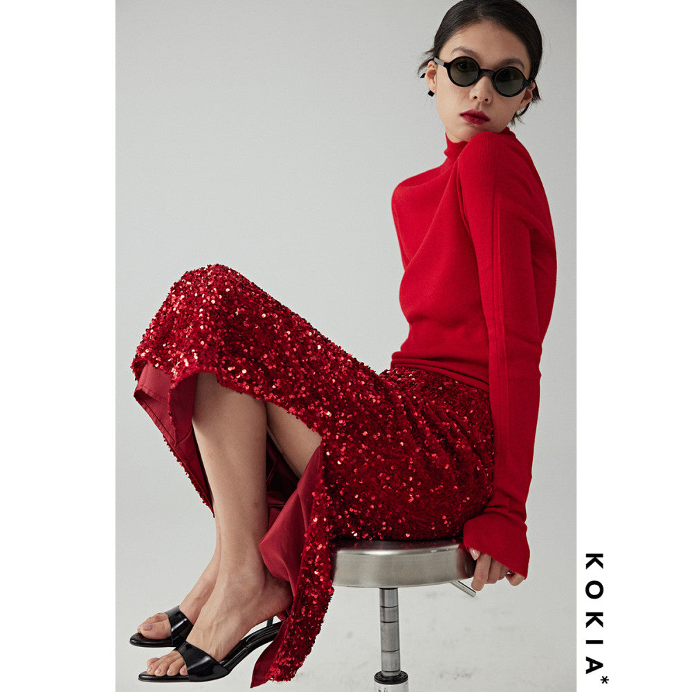 KOKIA Spot Pomegranate Red Velvet Stereoscopic Glitter Light Dress Straight Split Double Layer Skirt image 10