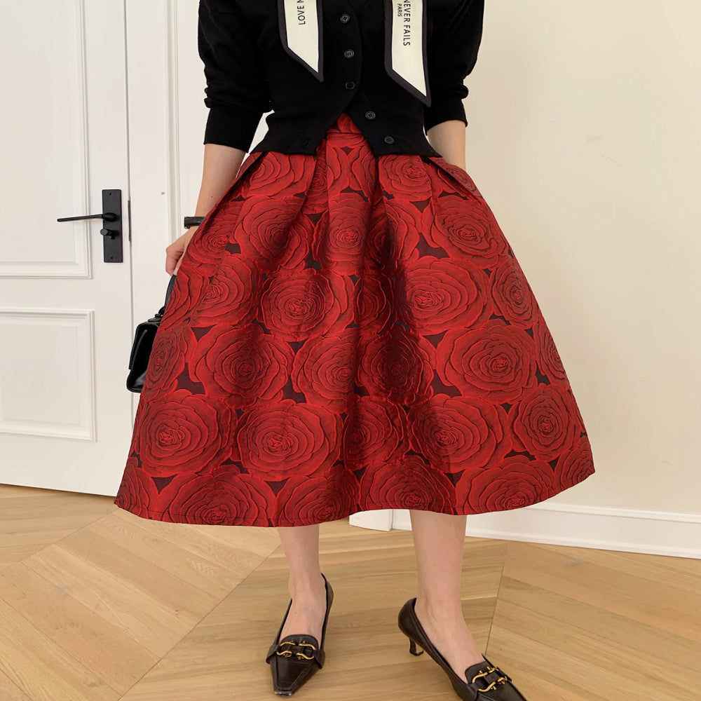 Ziwei Yiankala Red Pong Skirt New High Noble Red Three Dimensional Flower Hepburn Skirt Spring and Autumn Versatile Medium Length High Waist Skirt image 2