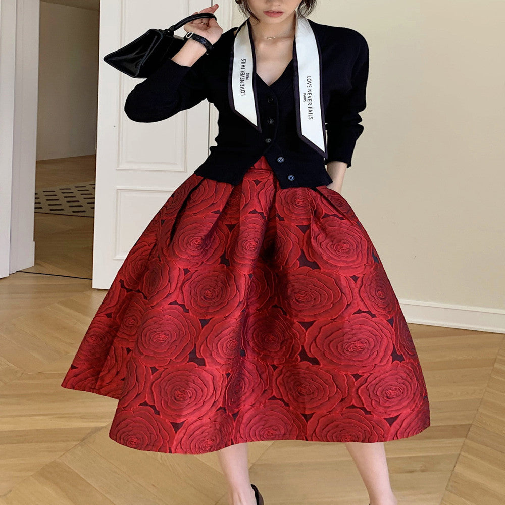 Ziwei Yiankala Red Pong Skirt New High Noble Red Three Dimensional Flower Hepburn Skirt Spring and Autumn Versatile Medium Length High Waist Skirt image 4