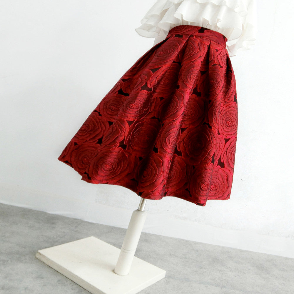 Ziwei Yiankala Red Pong Skirt New High Noble Red Three Dimensional Flower Hepburn Skirt Spring and Autumn Versatile Medium Length High Waist Skirt image 0