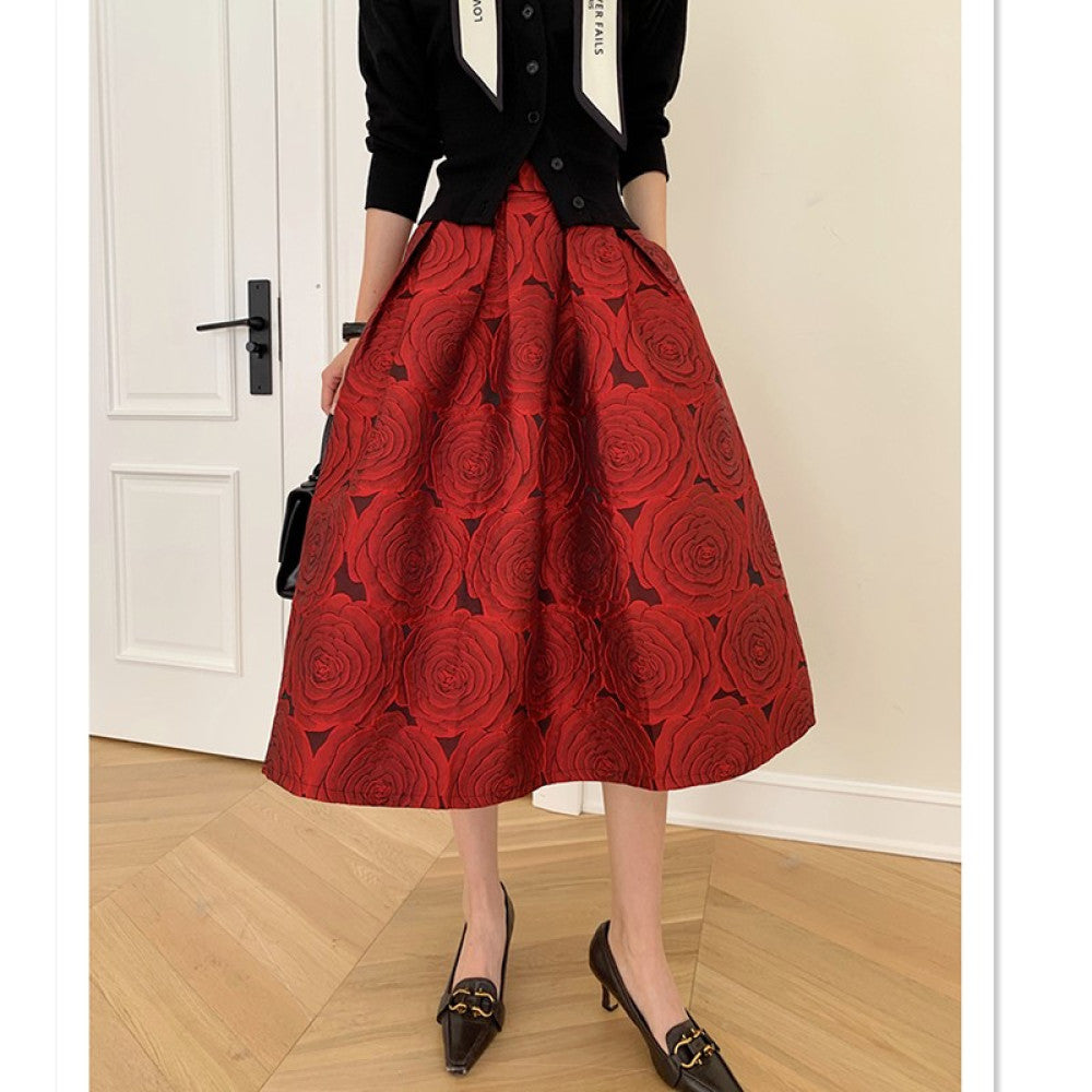 Ziwei Yiankala Red Pong Skirt New High Noble Red Three Dimensional Flower Hepburn Skirt Spring and Autumn Versatile Medium Length High Waist Skirt image 8