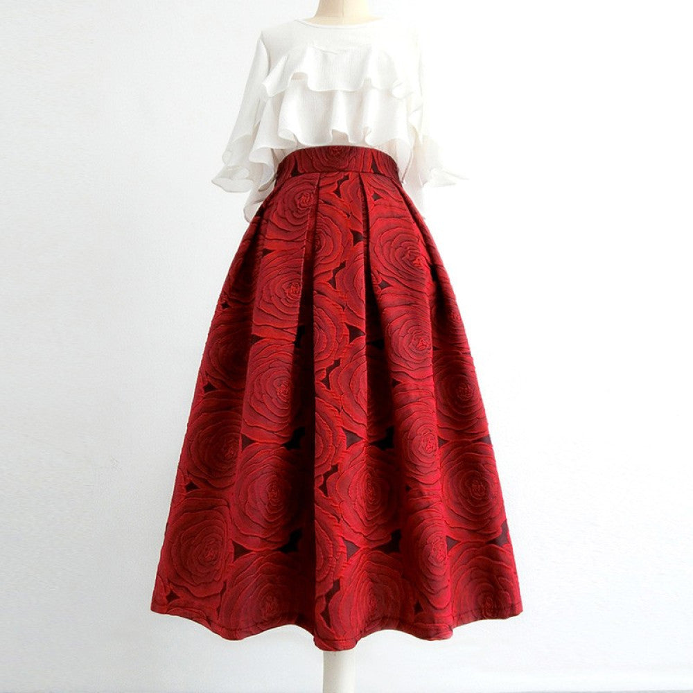Ziwei Yiankala Red Pong Skirt New High Noble Red Three Dimensional Flower Hepburn Skirt Spring and Autumn Versatile Medium Length High Waist Skirt image 27