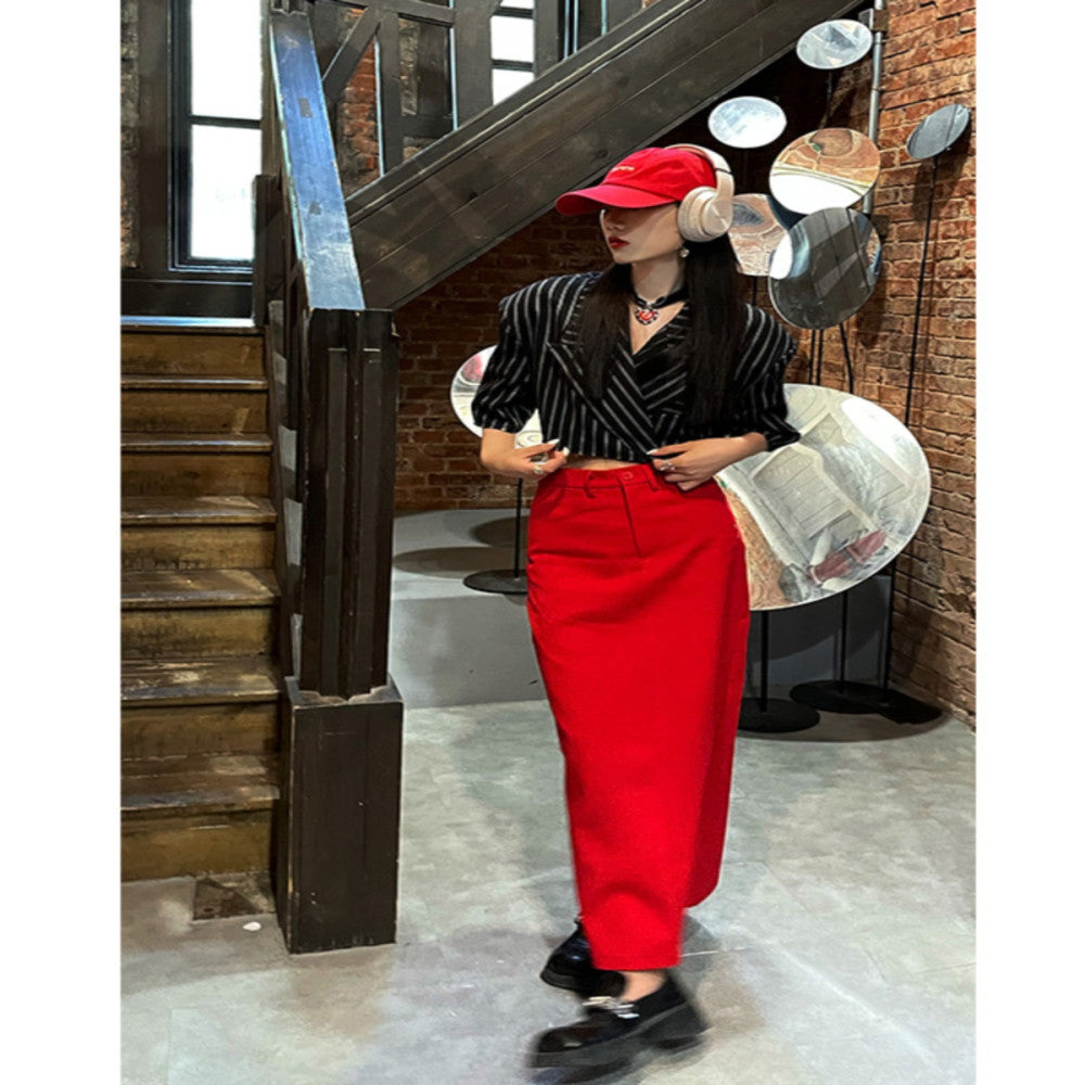 West Kowloon Spring and Autumn New Product High Waist Loose Peach Heart Straight Tube One Step Skirt with Split Half Body Long Dress in Red for Skinny Women image 2