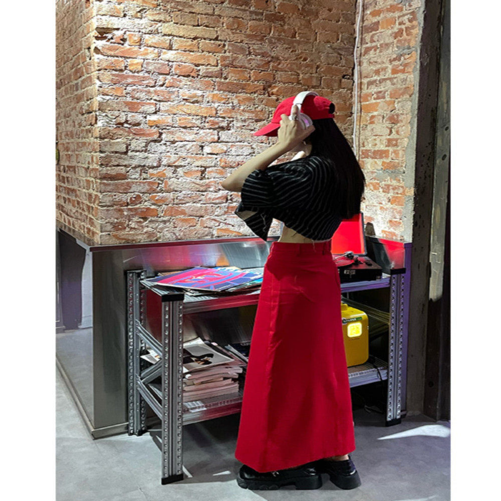 West Kowloon Spring and Autumn New Product High Waist Loose Peach Heart Straight Tube One Step Skirt with Split Half Body Long Dress in Red for Skinny Women image 3
