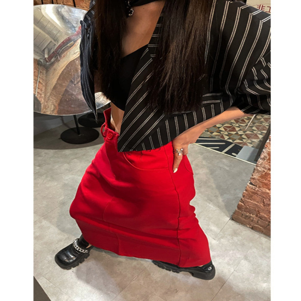 West Kowloon Spring and Autumn New Product High Waist Loose Peach Heart Straight Tube One Step Skirt with Split Half Body Long Dress in Red for Skinny Women image 4