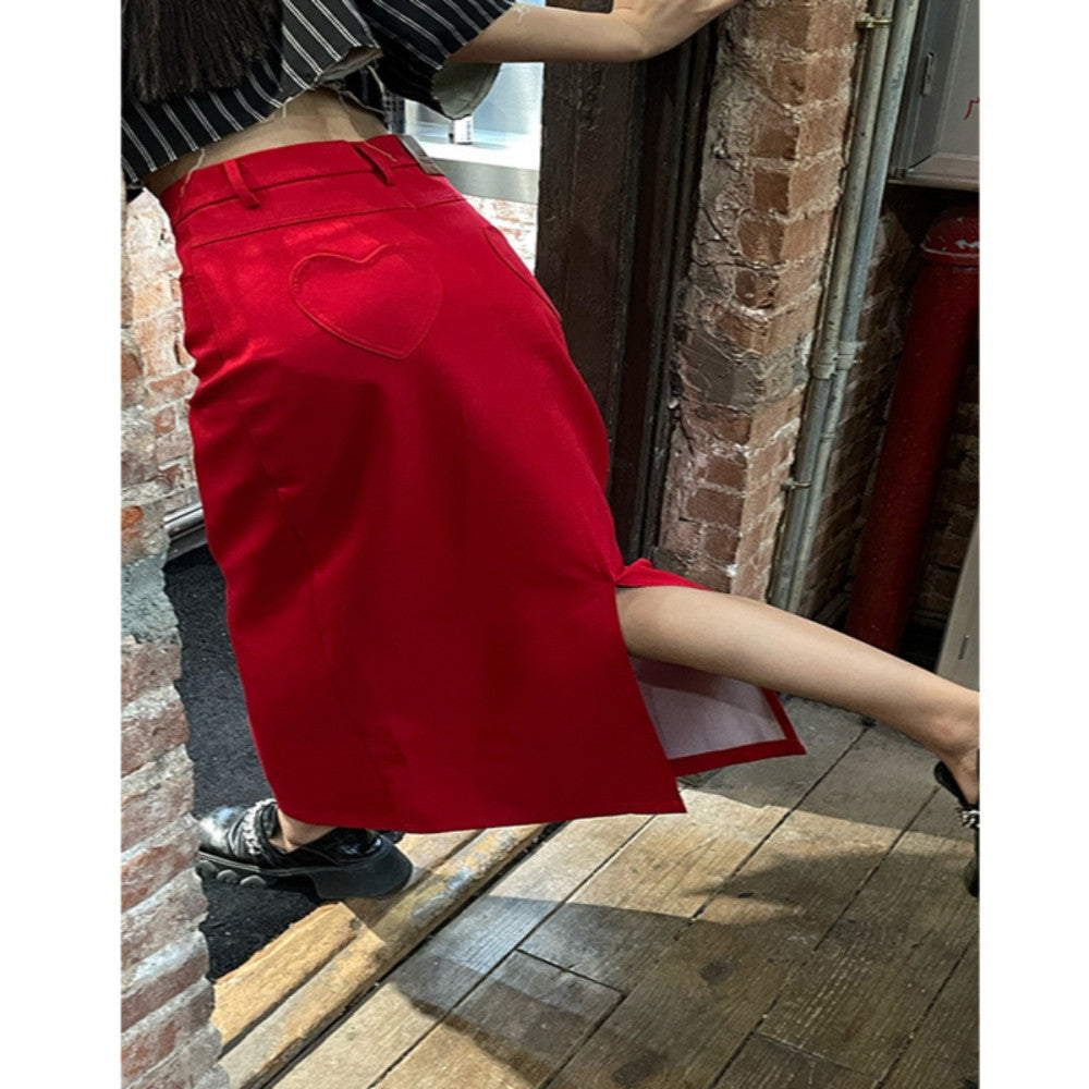 West Kowloon Spring and Autumn New Product High Waist Loose Peach Heart Straight Tube One Step Skirt with Split Half Body Long Dress in Red for Skinny Women image 21