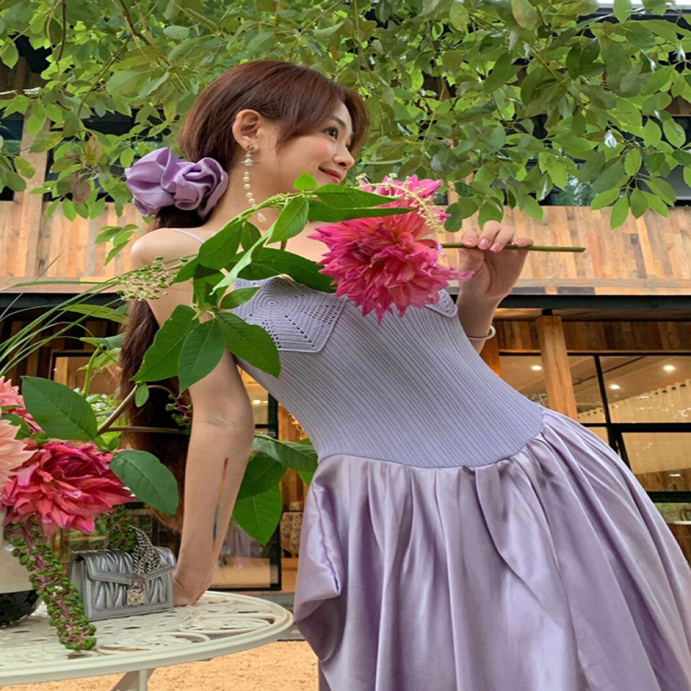 Birthday party dress high end light luxury niche party coming of age gift purple knitted patchwork suspender dress image 4