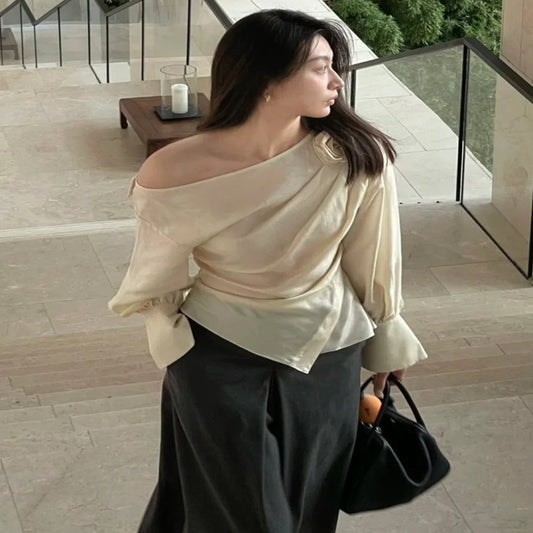 ASAYA2767 Niche rose flower oblique shoulder off-shoulder shirt long-sleeved women’s top