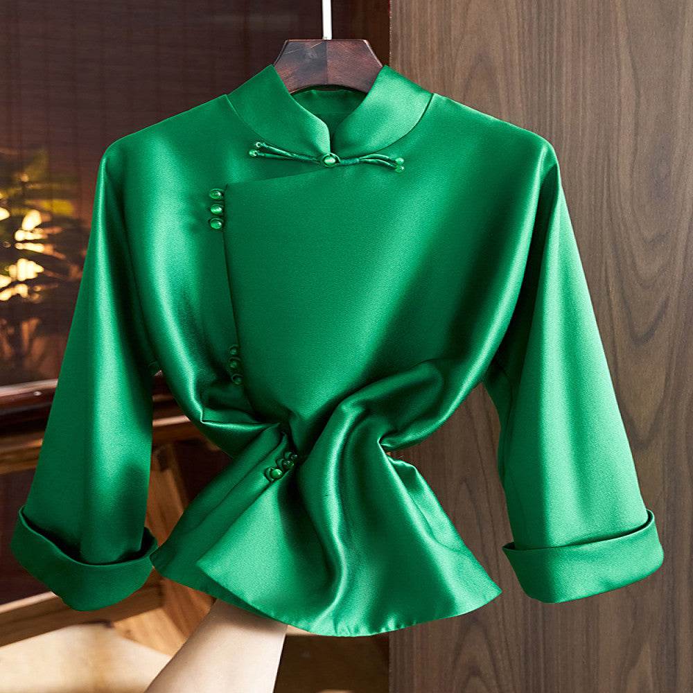 Chinese style slanted placket buttoned jacket women s western style retro improved Chinese silk wool Tang style shirt top autumn image 2