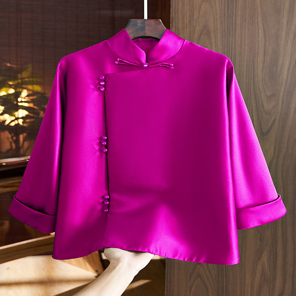 Chinese style slanted placket buttoned jacket women s western style retro improved Chinese silk wool Tang style shirt top autumn image 3