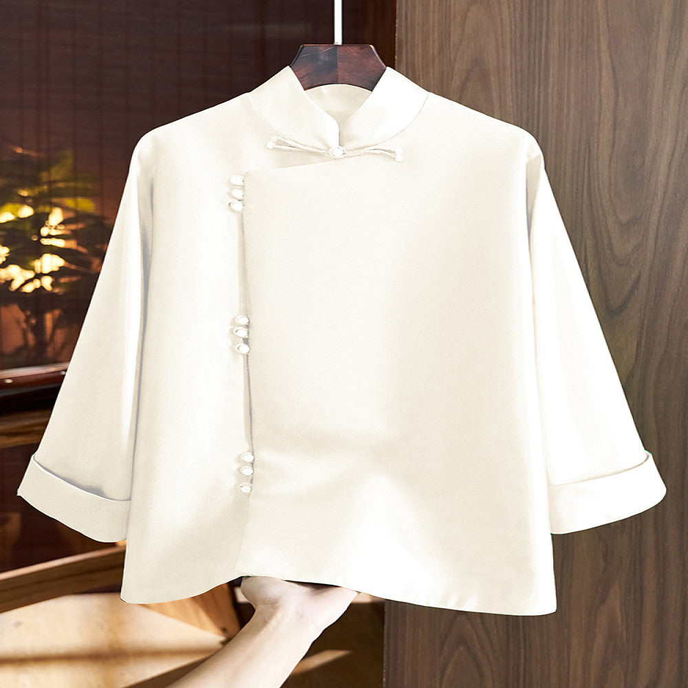 Chinese style slanted placket buttoned jacket women s western style retro improved Chinese silk wool Tang style shirt top autumn image 4