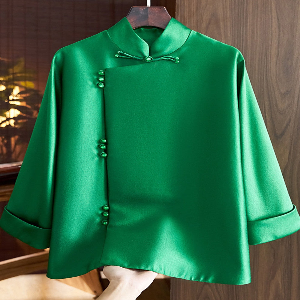 Chinese style slanted placket buttoned jacket women s western style retro improved Chinese silk wool Tang style shirt top autumn image 5