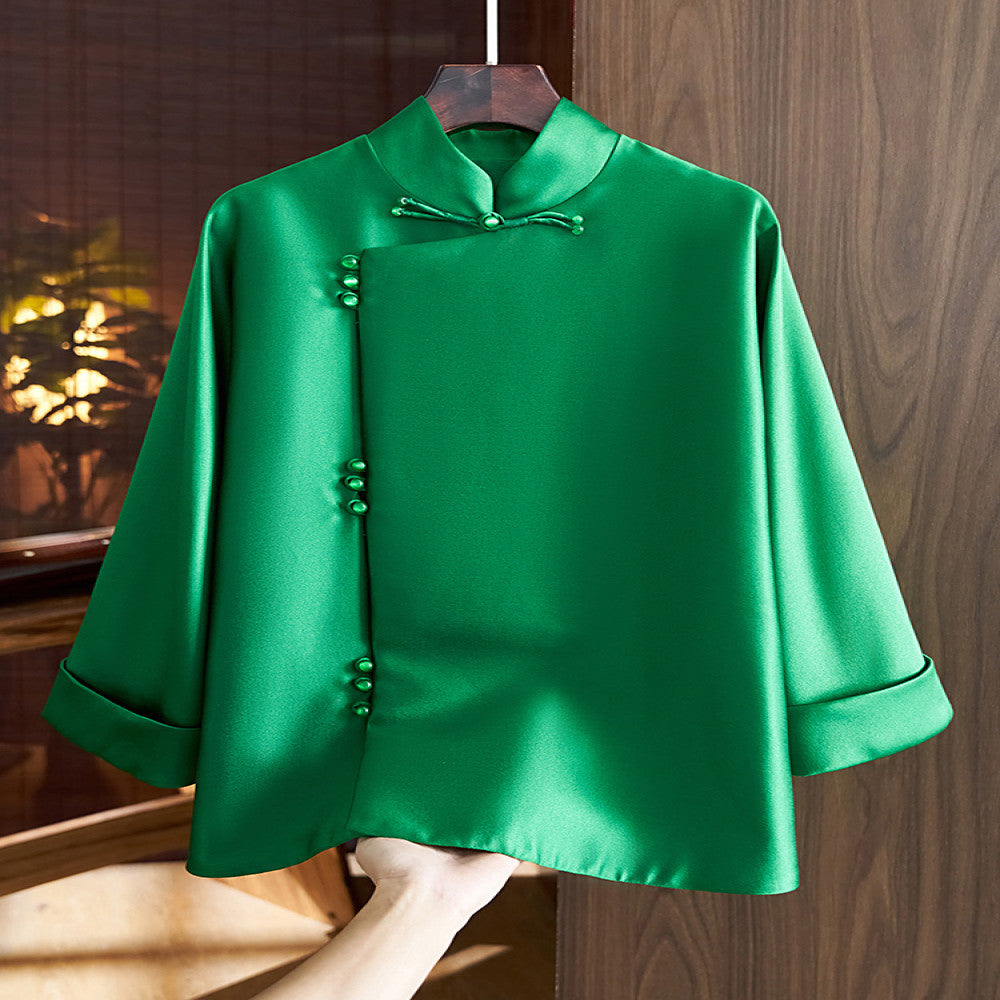 Chinese style slanted placket buttoned jacket women s western style retro improved Chinese silk wool Tang style shirt top autumn image 0